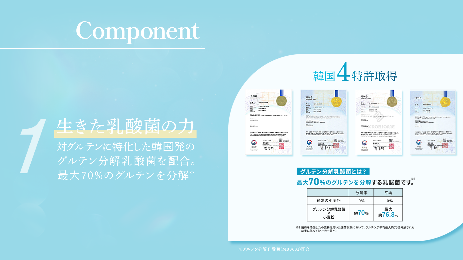 Component 生きた乳酸菌の力 韓国4特許取得